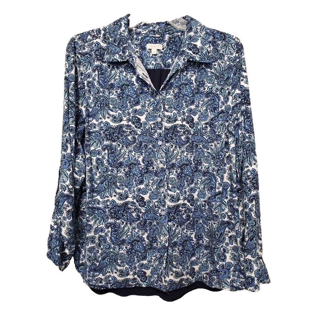Talbots Petites Blue Paisley Mixed Media Long Sleeve Button-Up Shirt Size MP